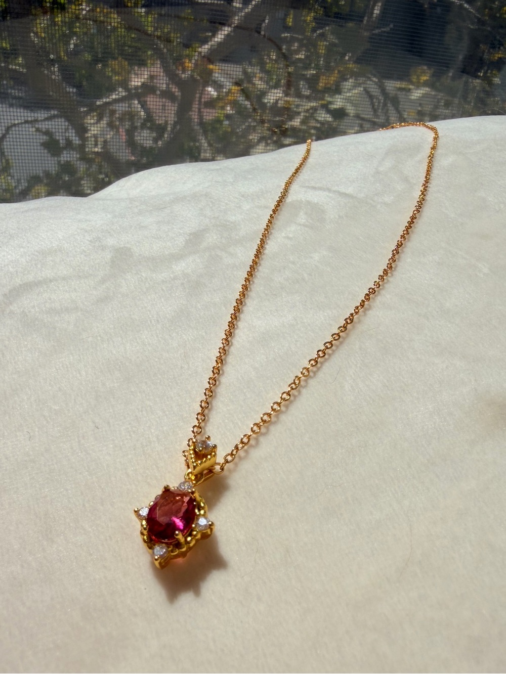 Ruby Red Oval Cubic Zirconia Halo Pendant Necklace Gold Tone